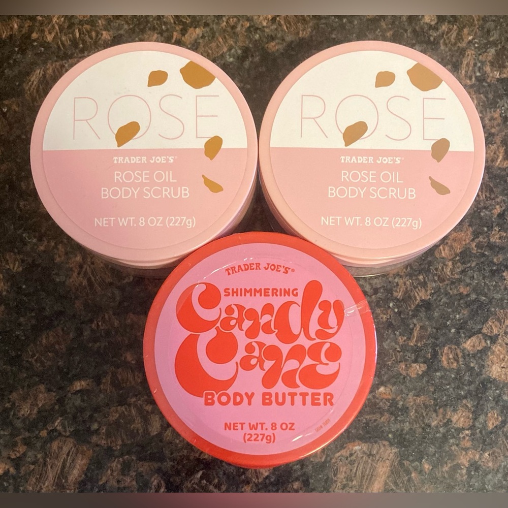 Trader Joe's Rose Oil Body Scrub & Candy Cane Shimmering Body Butter Bundle